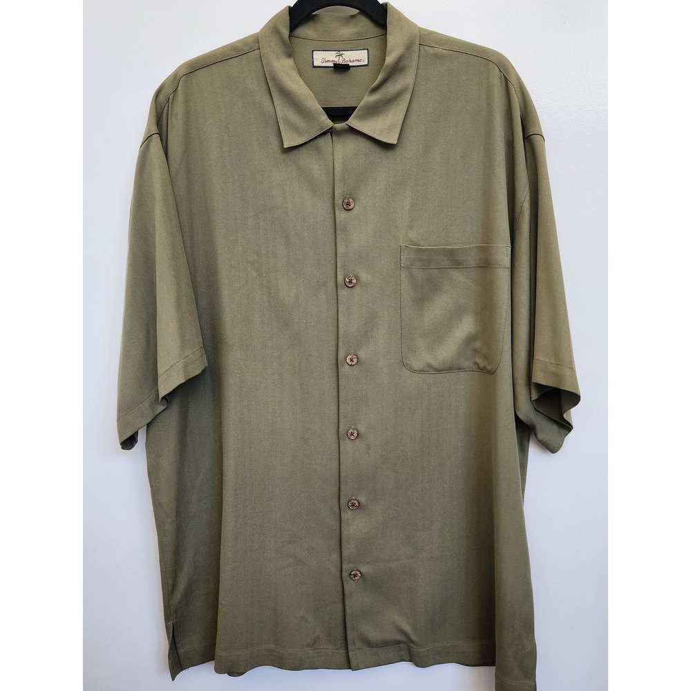 Tommy Bahama Relax Mens L Olive Green Herringbone 100% Silk Camp Shirt SS